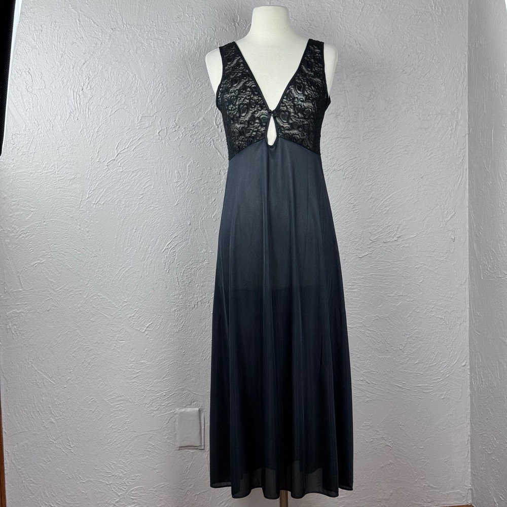 Vintage 90's Goth Black Slip Dress lace bow Medium Gothic Dark Romantic